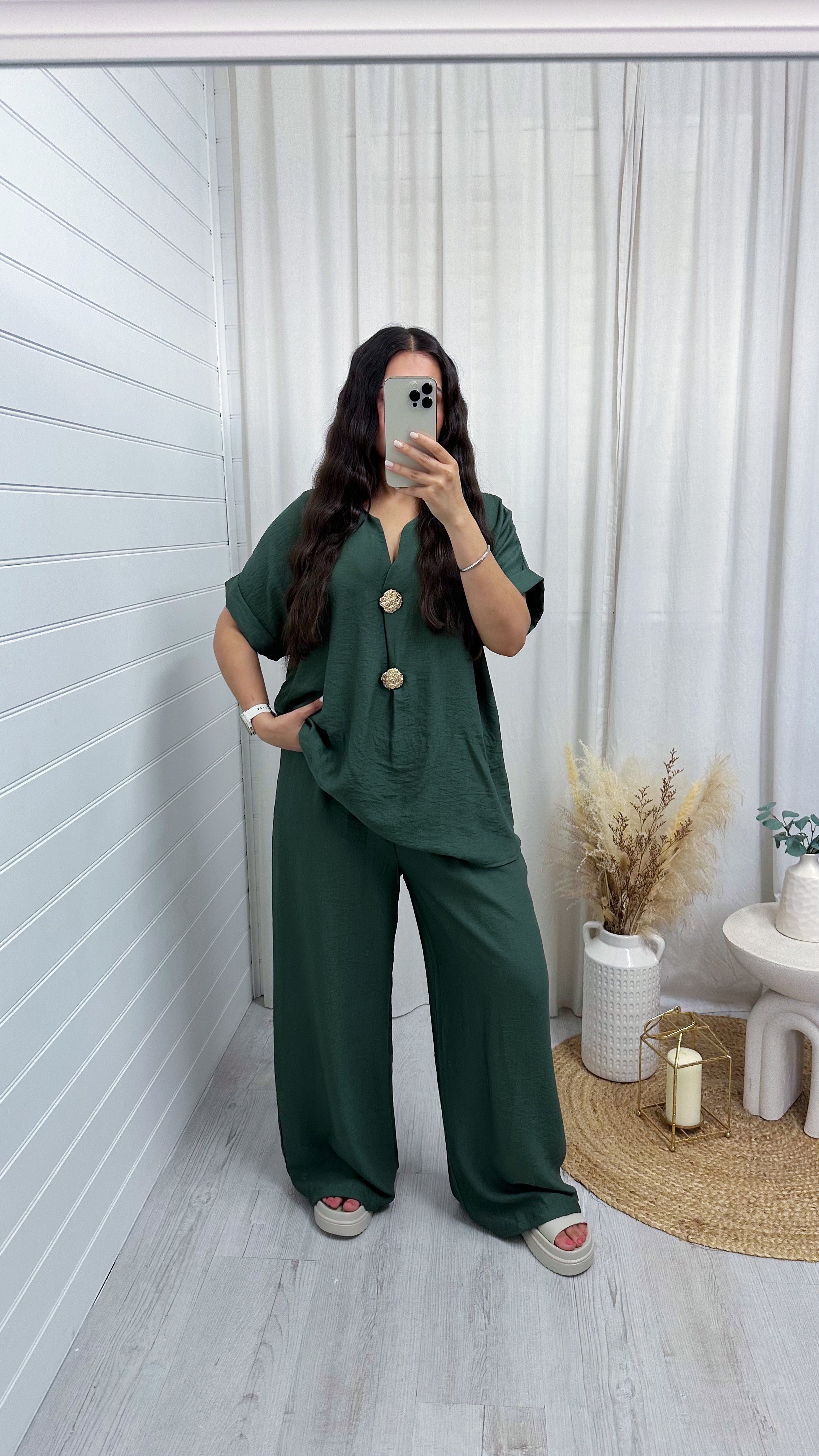 Gold Button V Neck Top and Wide Leg Trousers Co-Ord - DARK KHAKI