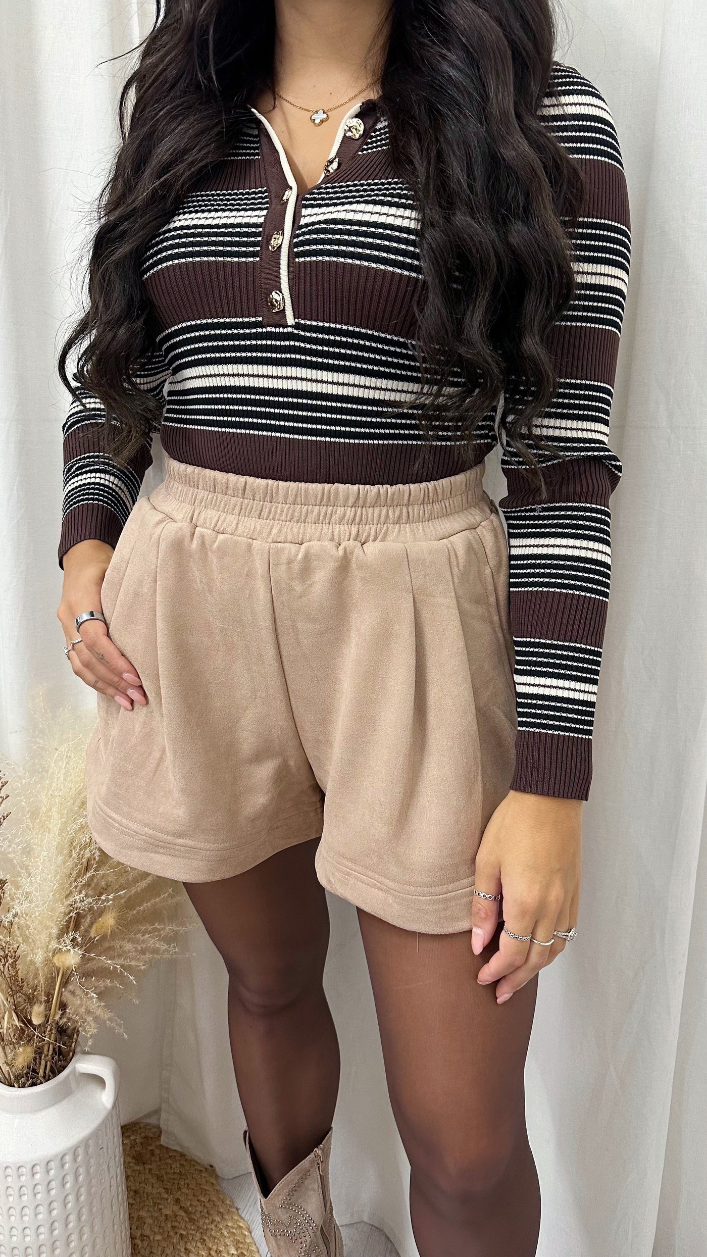 Paper Bag Suede High Waist Shorts - BEIGE