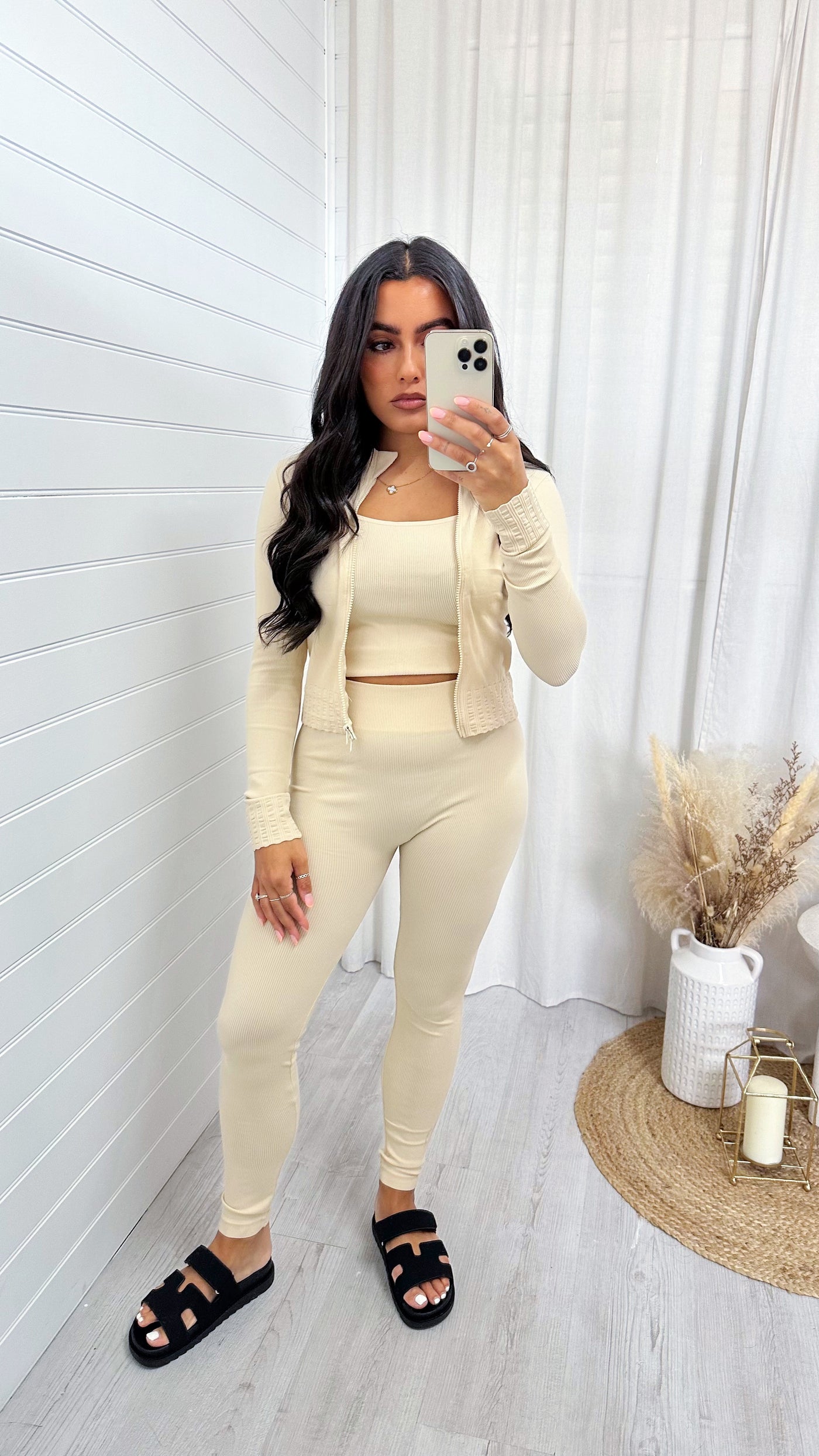 3 Piece Jacket, Crop Top and Leggings Active Set - LIGHT BEIGE