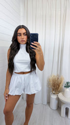 Puff Ball Halter Neck Top and Shorts Co-Ord - WHITE
