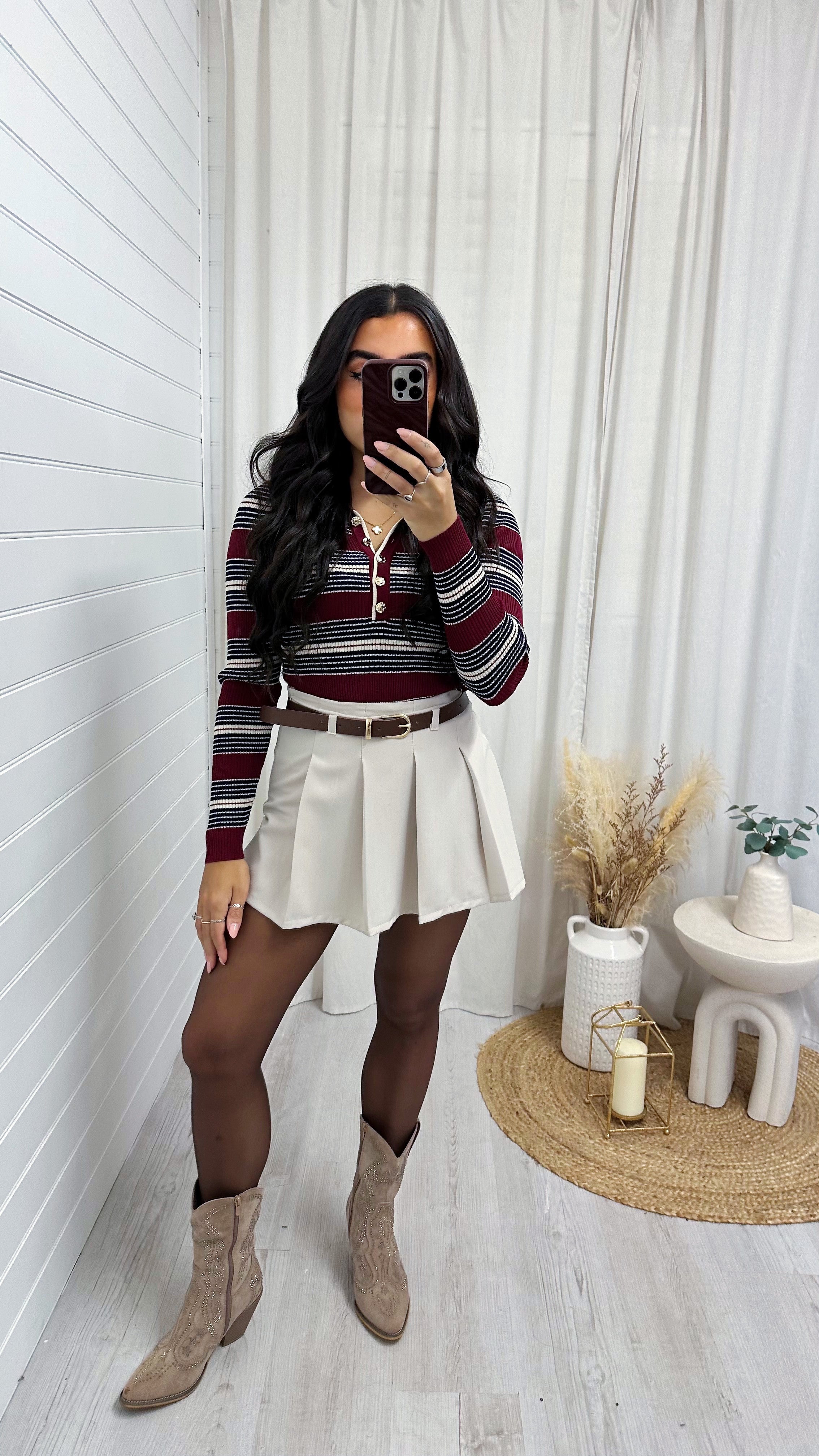 Pleated Tennis Skort with Belt - CREAM