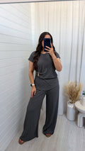 Gold Clasp Ruched Top and Wide Leg Trousers Co-Ord - CHARCOAL