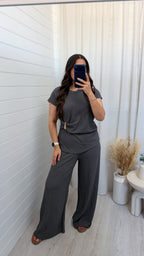 Gold Clasp Ruched Top and Wide Leg Trousers Co-Ord - CHARCOAL