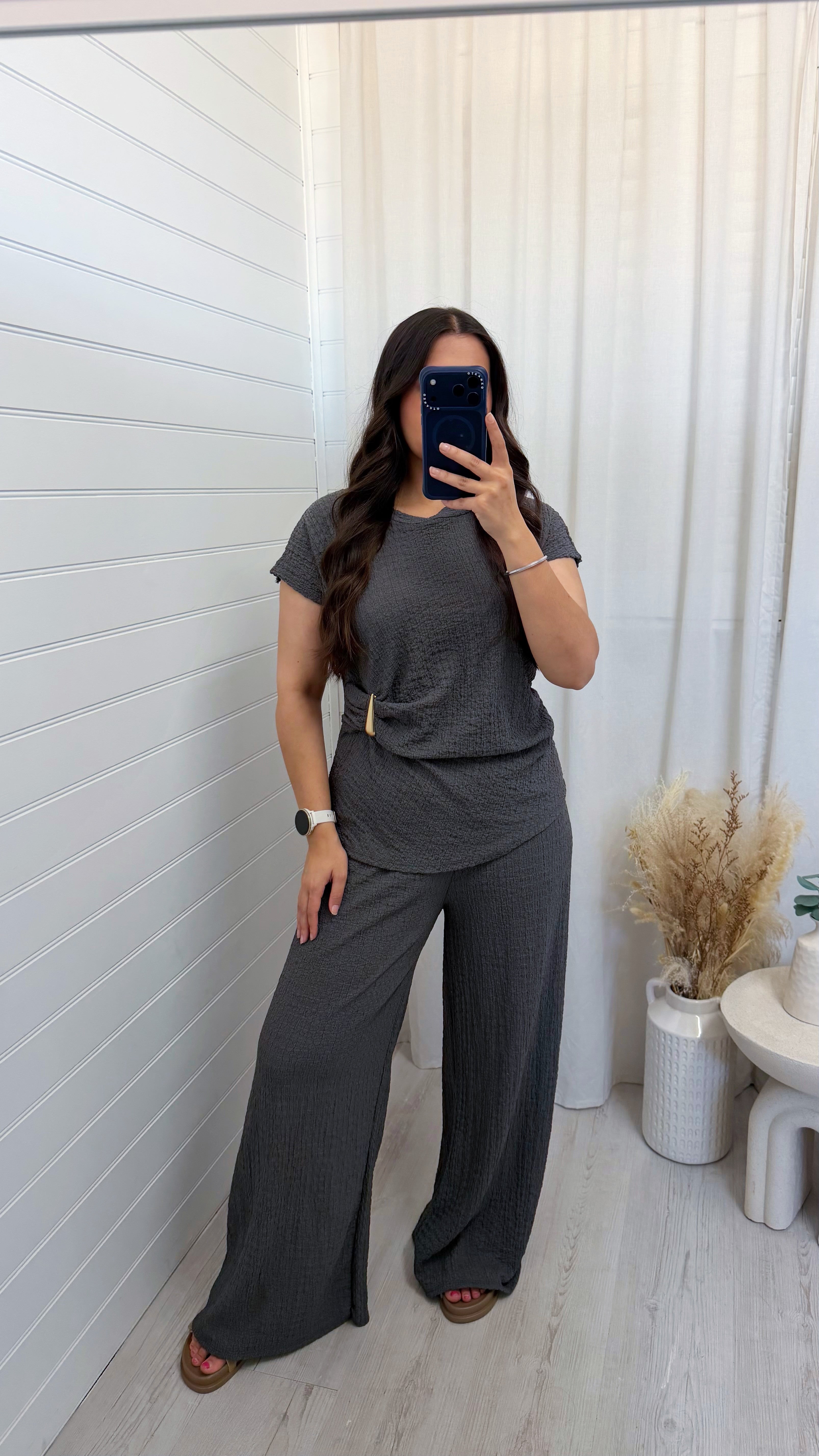 Gold Clasp Ruched Top and Wide Leg Trousers Co-Ord - CHARCOAL