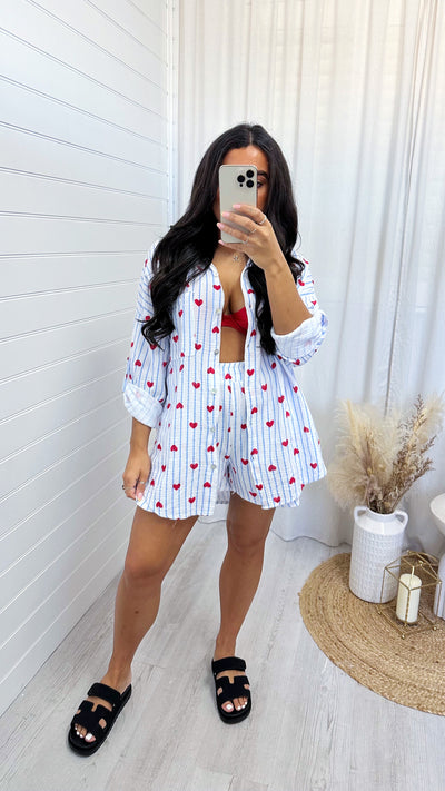 Love Heart Cheesecloth Shirt and Shorts Co-Ord - BLUE