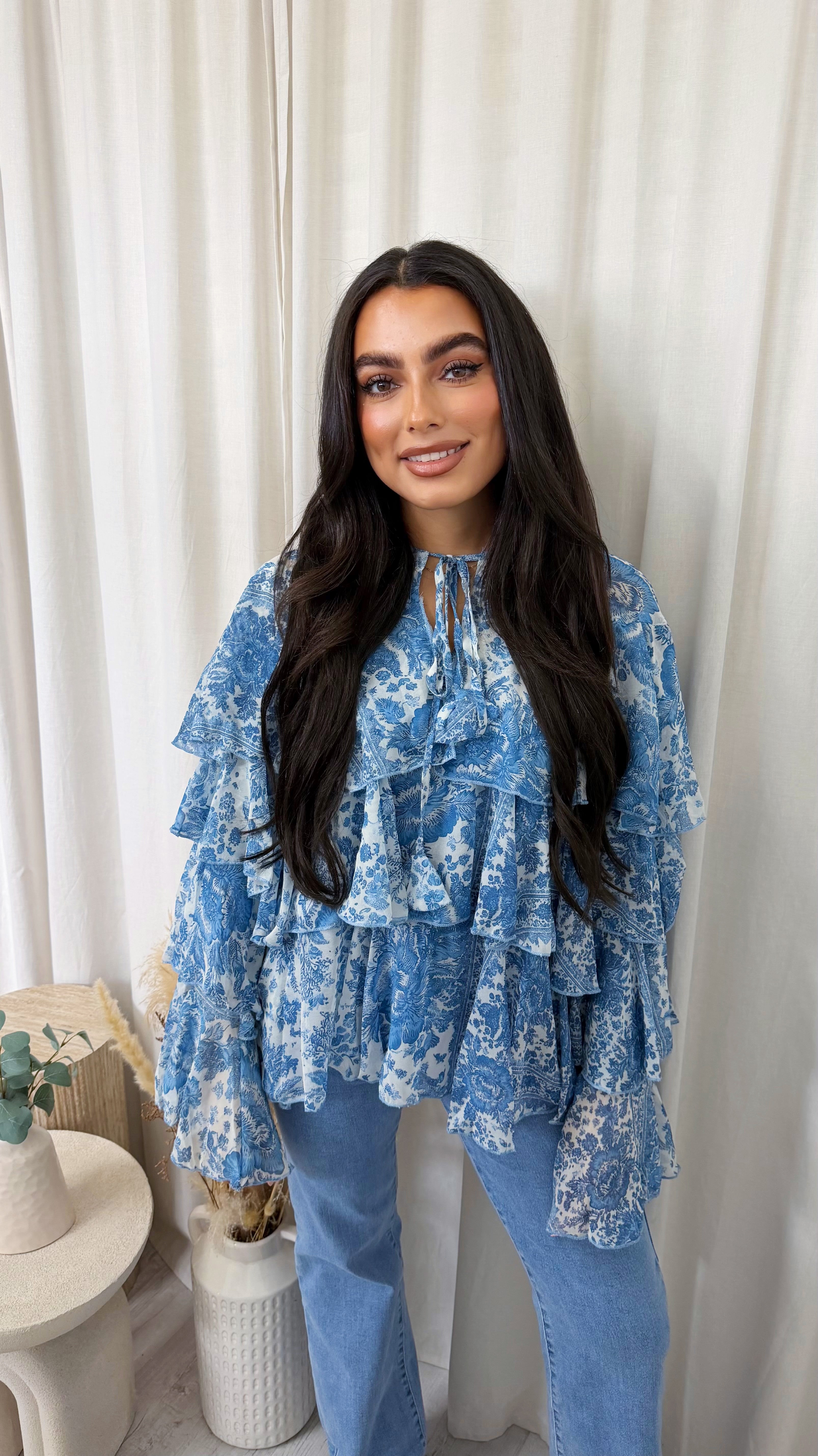 Vintage Floral Frill Layered Blouse - BLUE