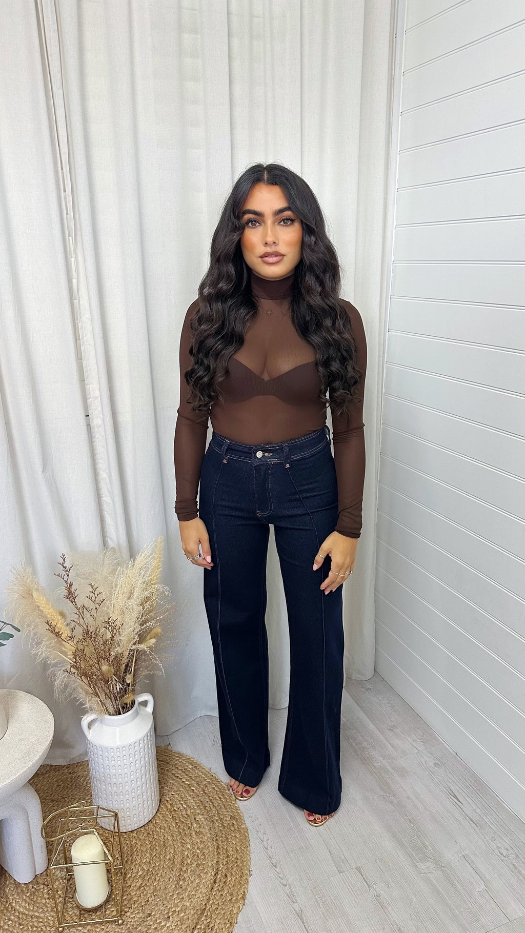 High Waisted Seam Front Flared Jeans - DARK DENIM