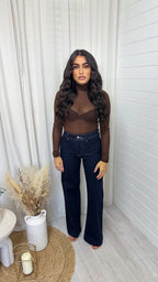 High Waisted Seam Front Flared Jeans - DARK DENIM