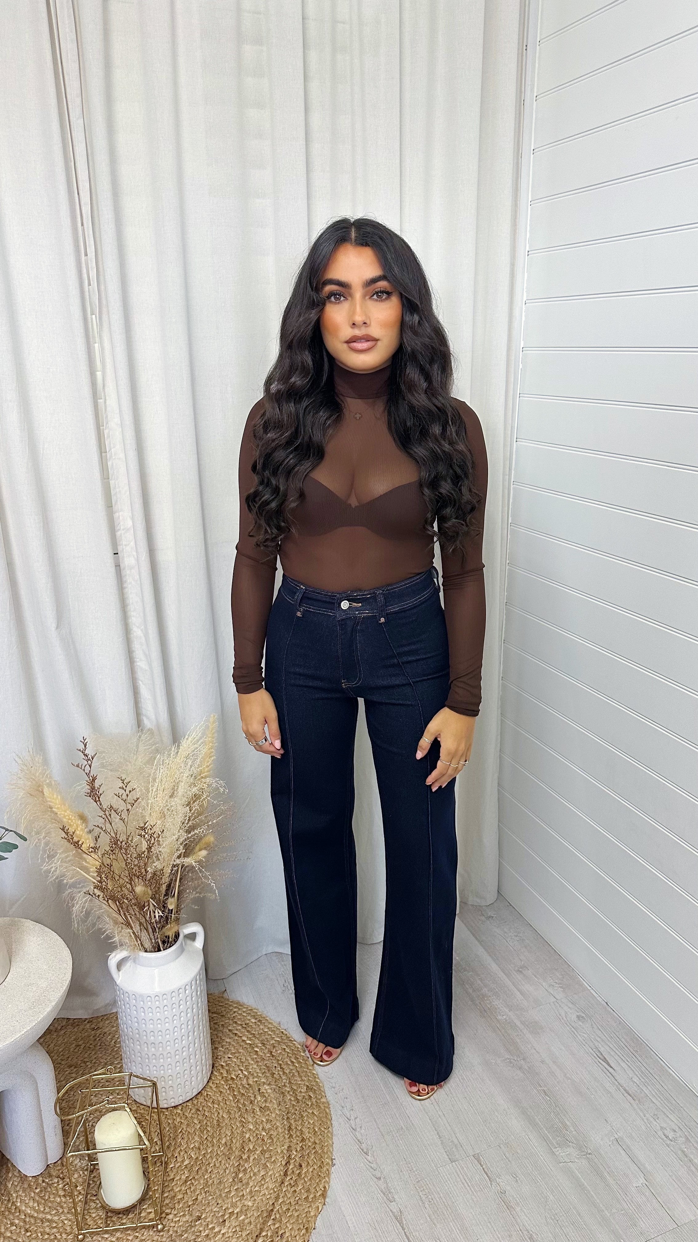 High Waisted Seam Front Flared Jeans - DARK DENIM