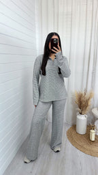 Textured Pinstripe Rugby Sweatshirt and Trousers Co-Ord - BEIGE