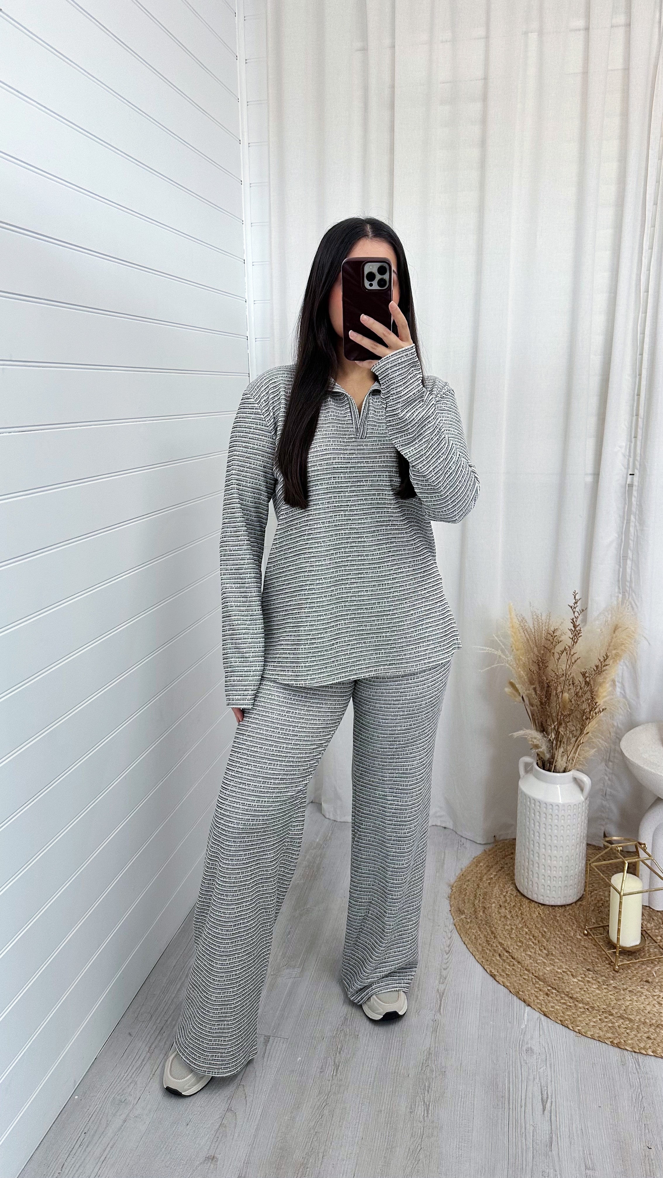 Textured Pinstripe Rugby Sweatshirt and Trousers Co-Ord - BEIGE