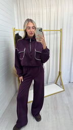 Contrast Piped Quarter Zip Sweatshirt and Joggers Co-Ord - BERRY