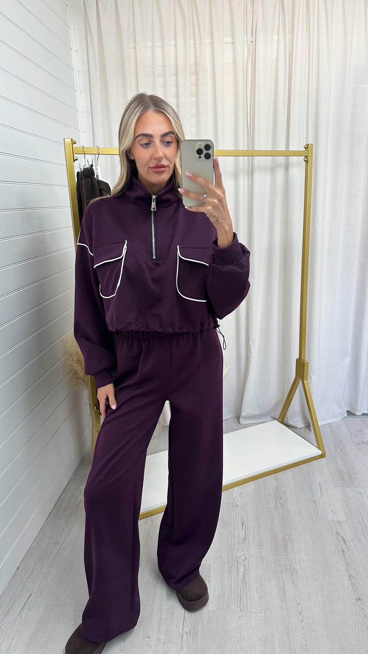 Contrast Piped Quarter Zip Sweatshirt and Joggers Co-Ord - BERRY