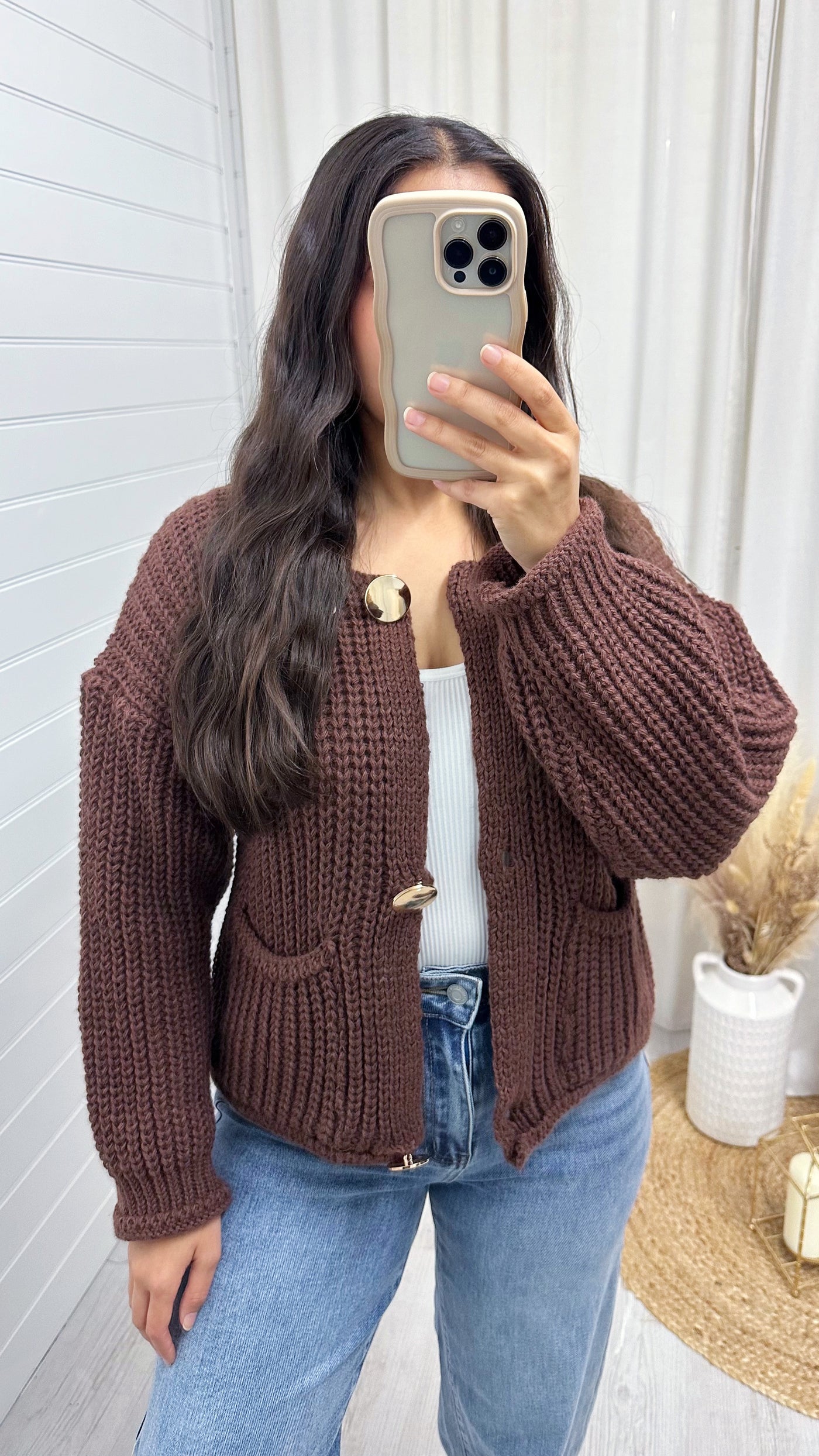 Chunky Knit Gold Button Cardigan - BROWN