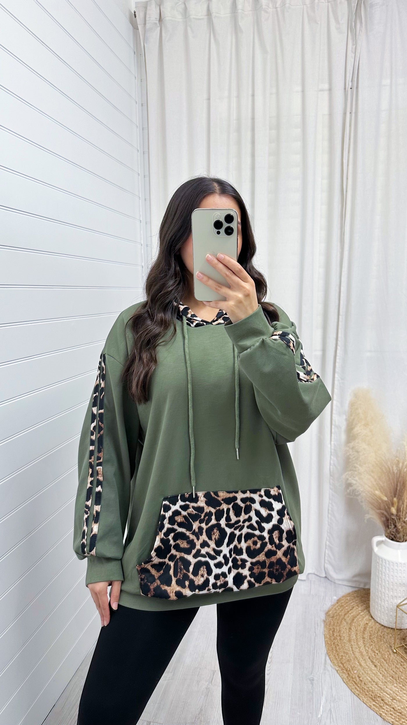 Oversized Leopard Contrast Hoodie - KHAKI