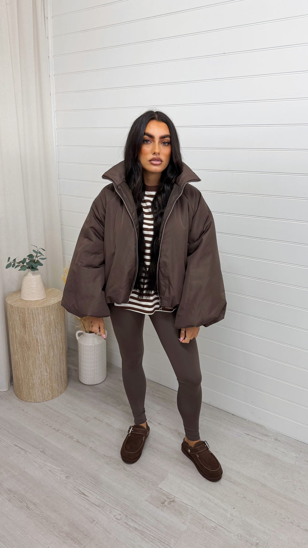 Balloon Sleeve Puffer Jacket - BROWN