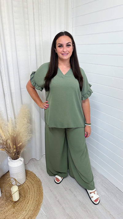 PLUS V-Neck Frill Sleeve Top and Wide Leg Trousers Co-Ord - KHAKI