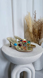 Gem Stone Heeled Sandals - GOLD