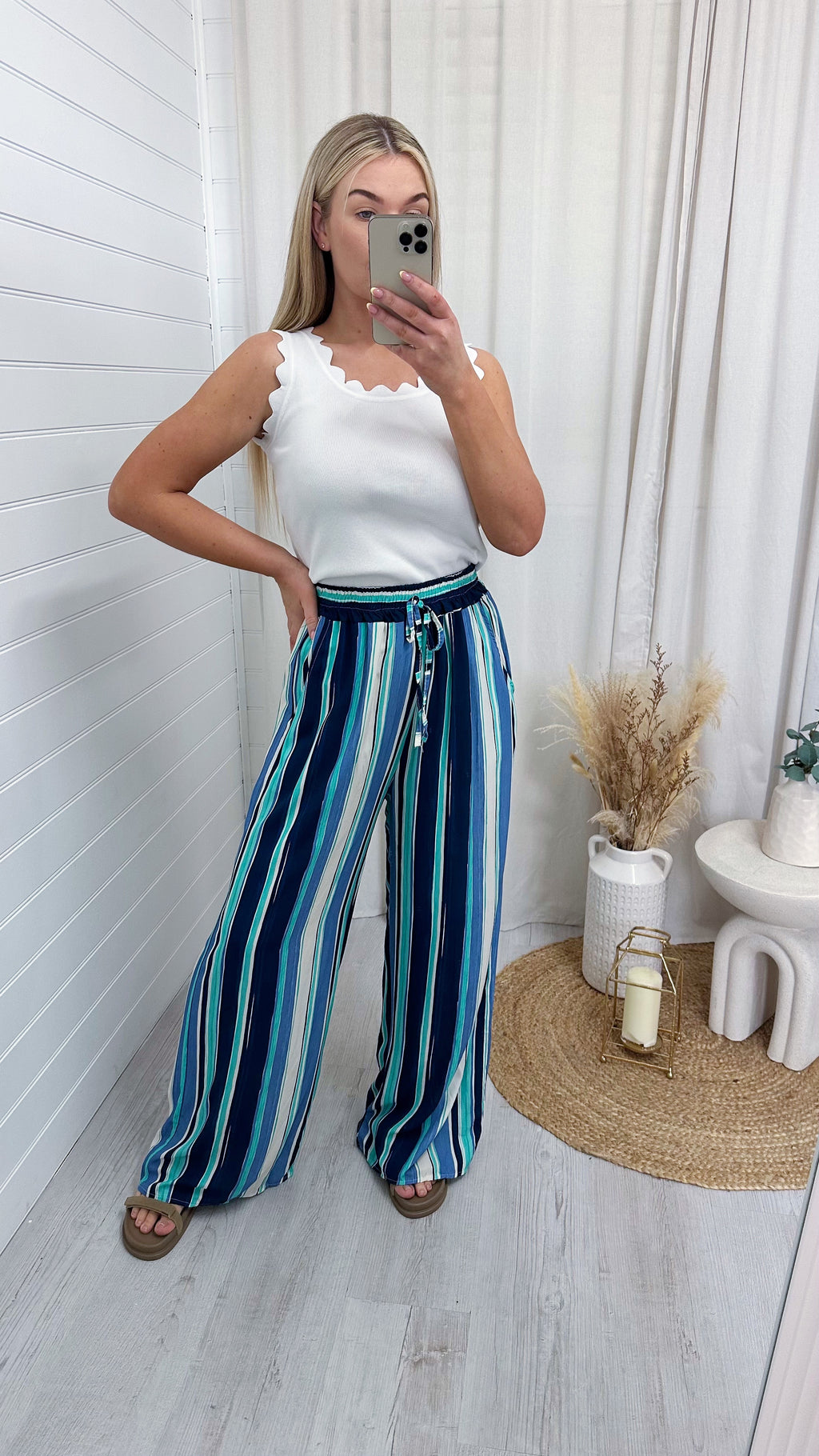 Wide Leg Brush Stroke Trousers - BLUE