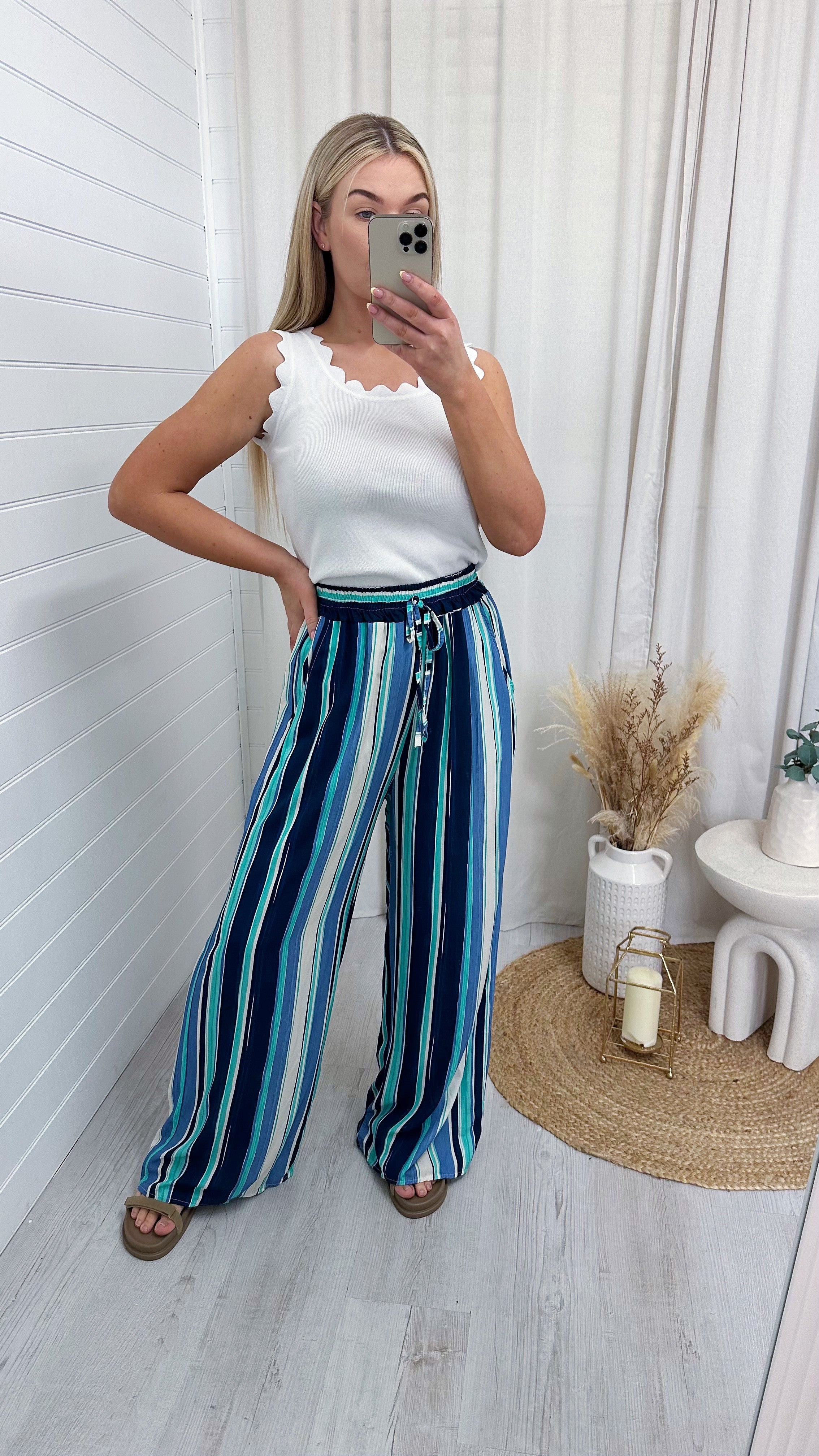 Wide Leg Brush Stroke Trousers - BLUE