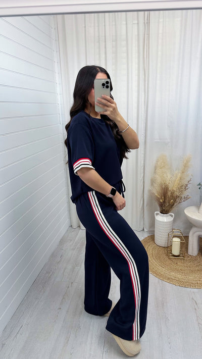 Side Stripe Plain T-Shirt and Joggers Co-Ord - NAVY