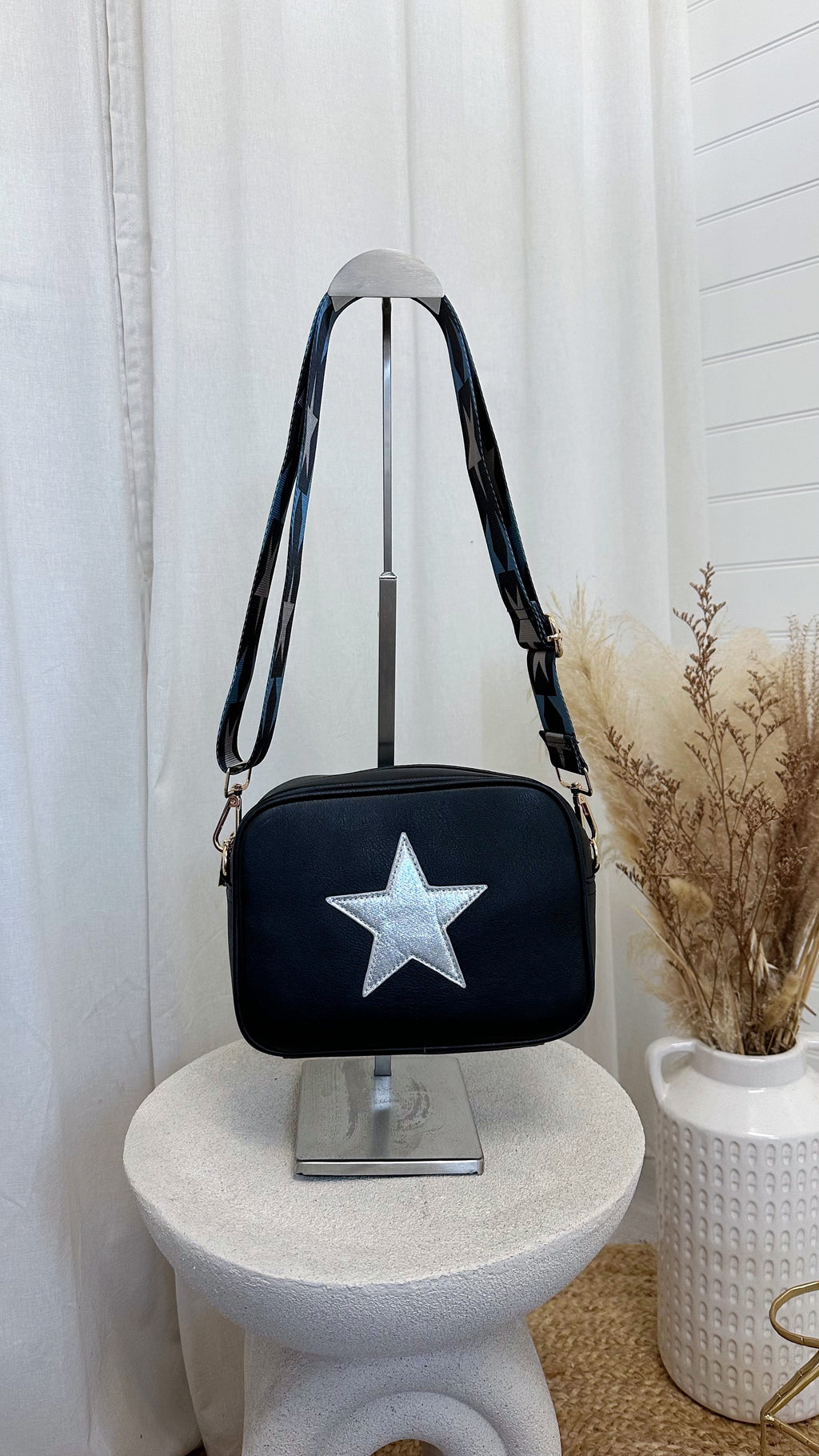 Star Embroidered Cross Body Bag - BLACK