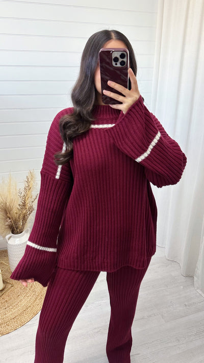 Chunky Knitted Stripe Co-Ord - WINE