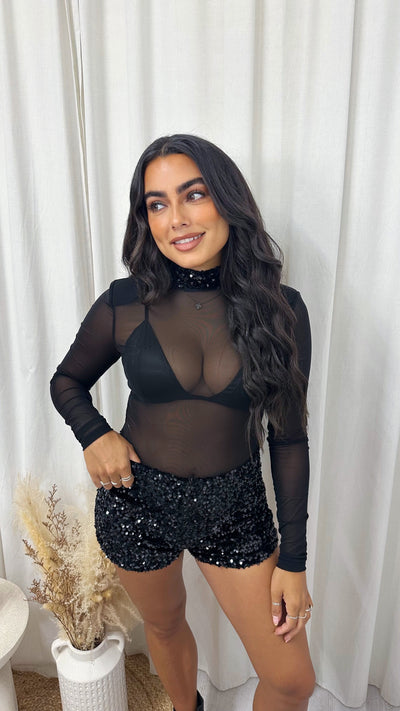 3 Piece Sequin Mesh Bodysuit, Bralette and Shorts Co-Ord - BLACK