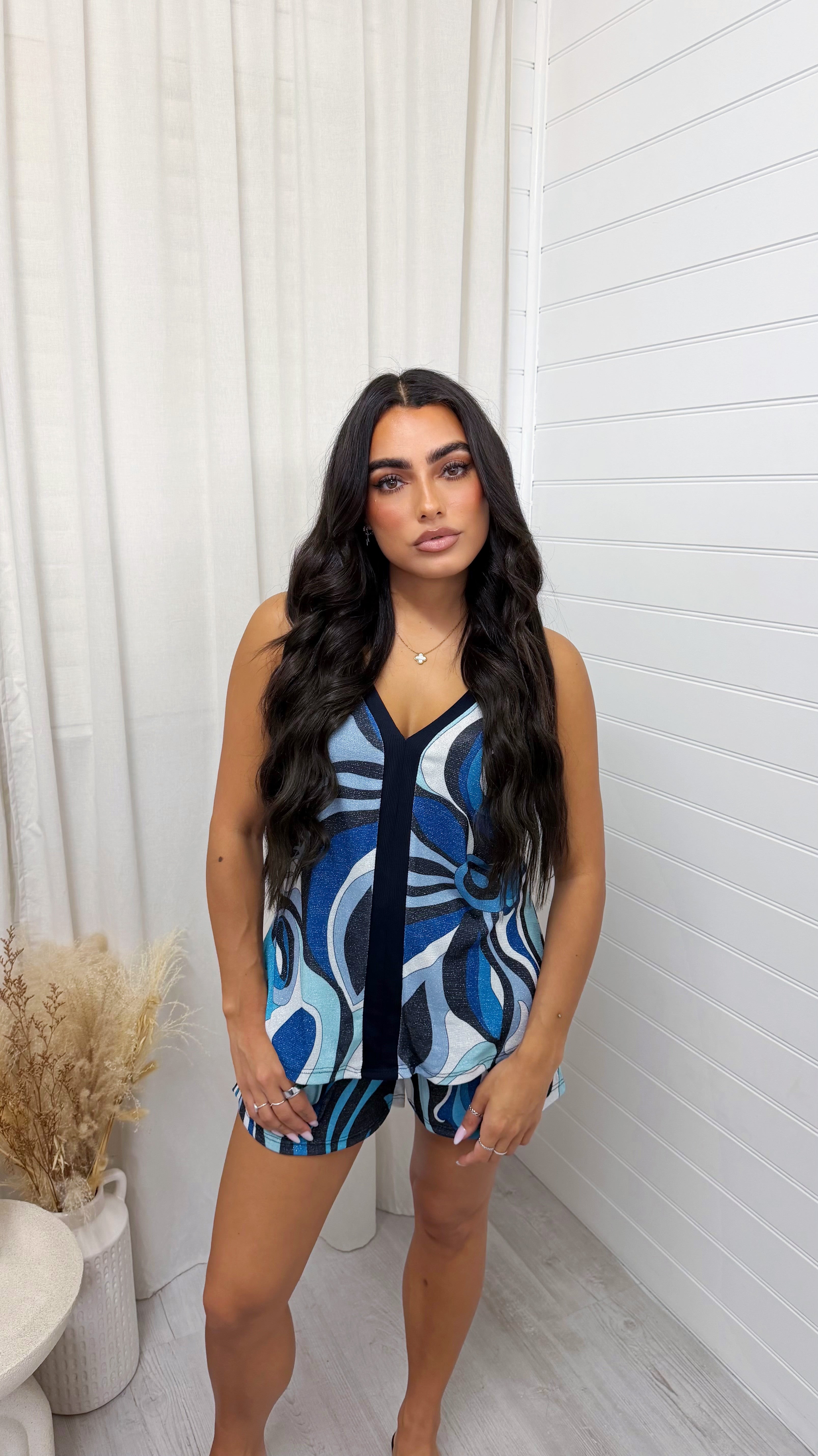 Swirly Shimmer Vest Top and Shorts Co-Ord - BLUE