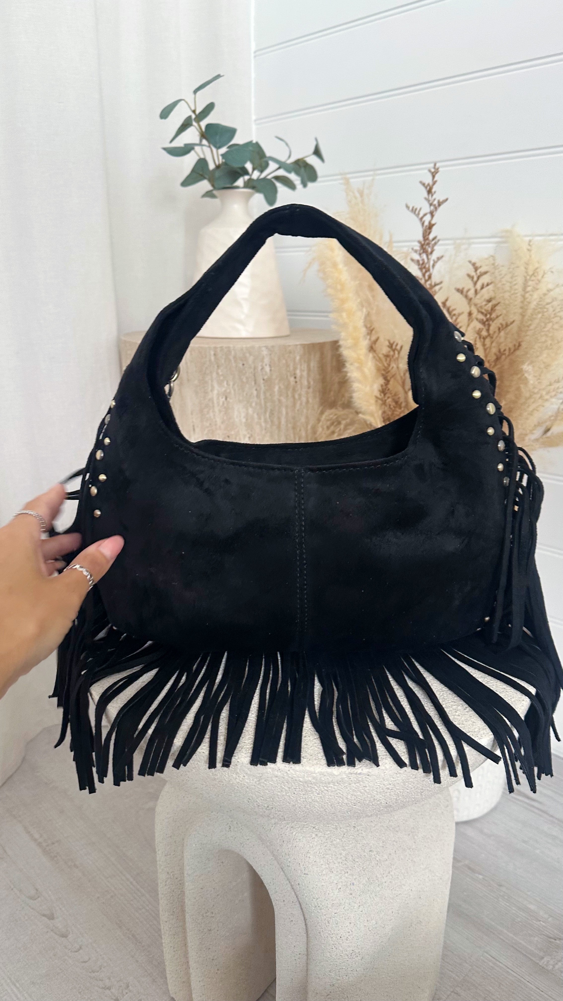 Suede Fringe Bag - BLACK