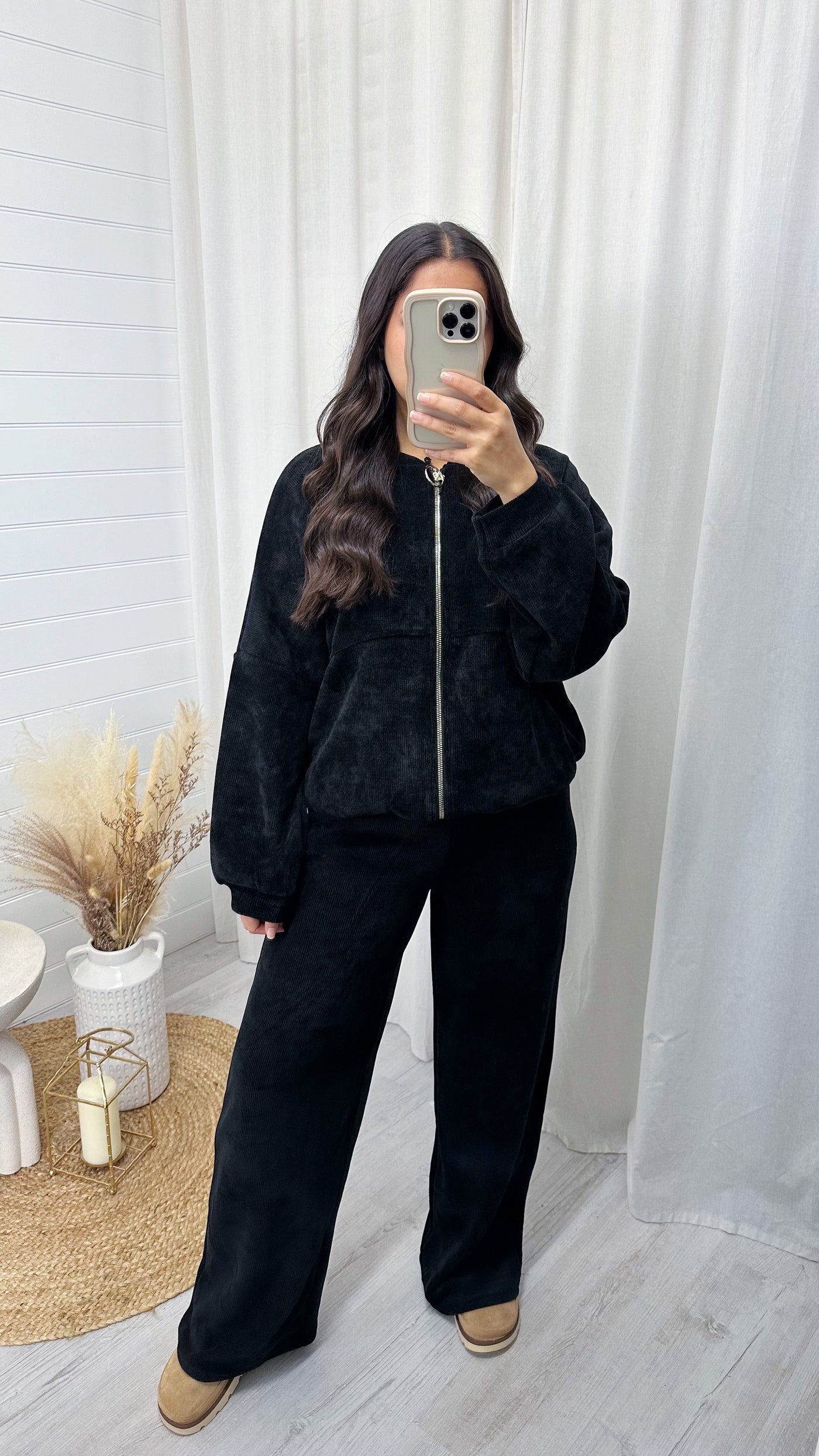 Cord Oversized Bomber Jacket and Joggers Co-Ord - BLACK