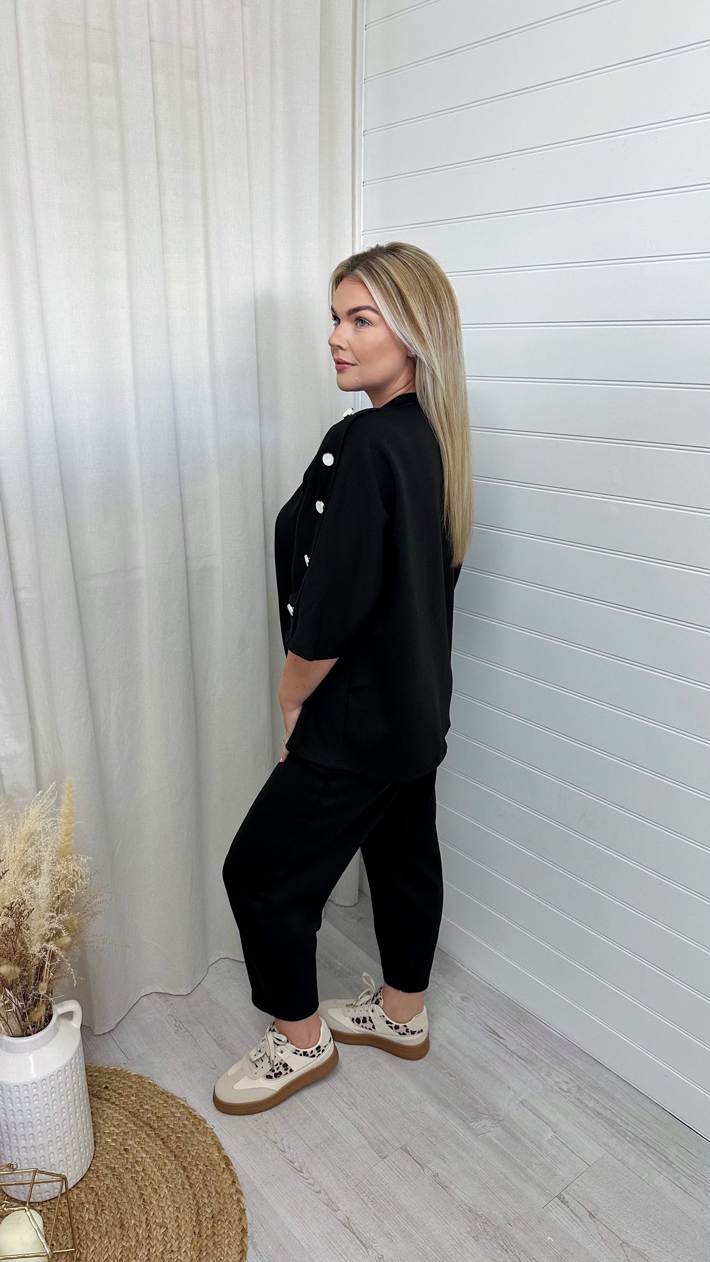 Button Shoulder Top and Barrel Fit Joggers Co-Ord - BLACK