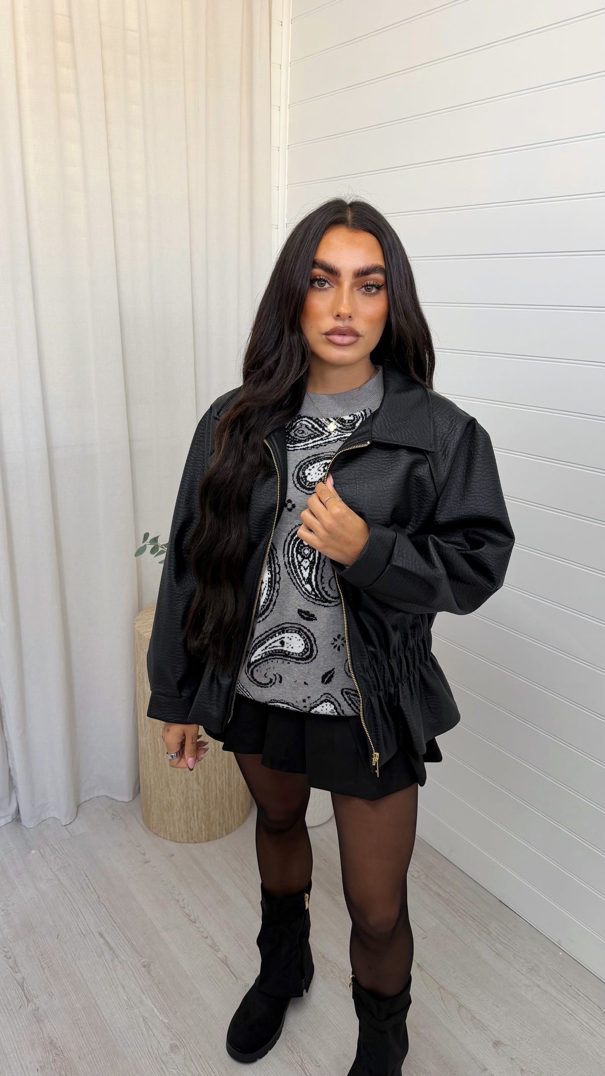 Cinch Waist Peplum Leather Jacket - BLACK