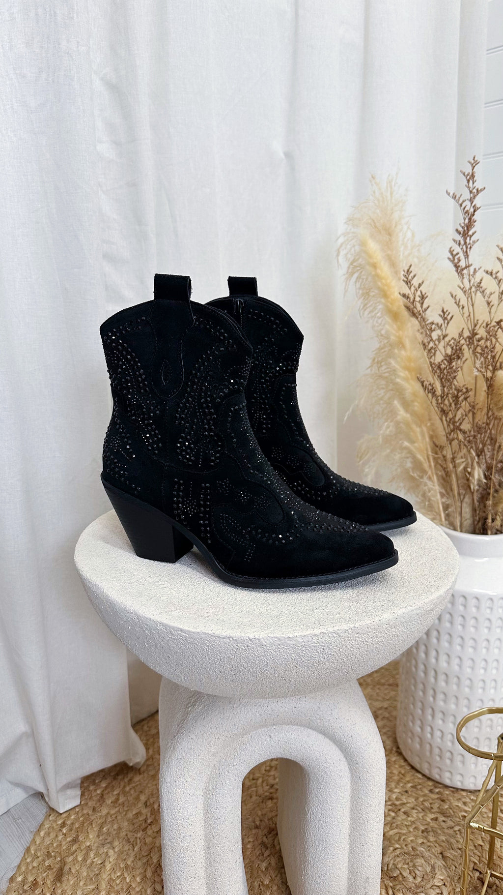 Rhinestone Cowboy Ankle Boots - BLACK