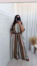 Pinstripe Top and Wide Leg Belted Trousers Co-Ord - KHAKI