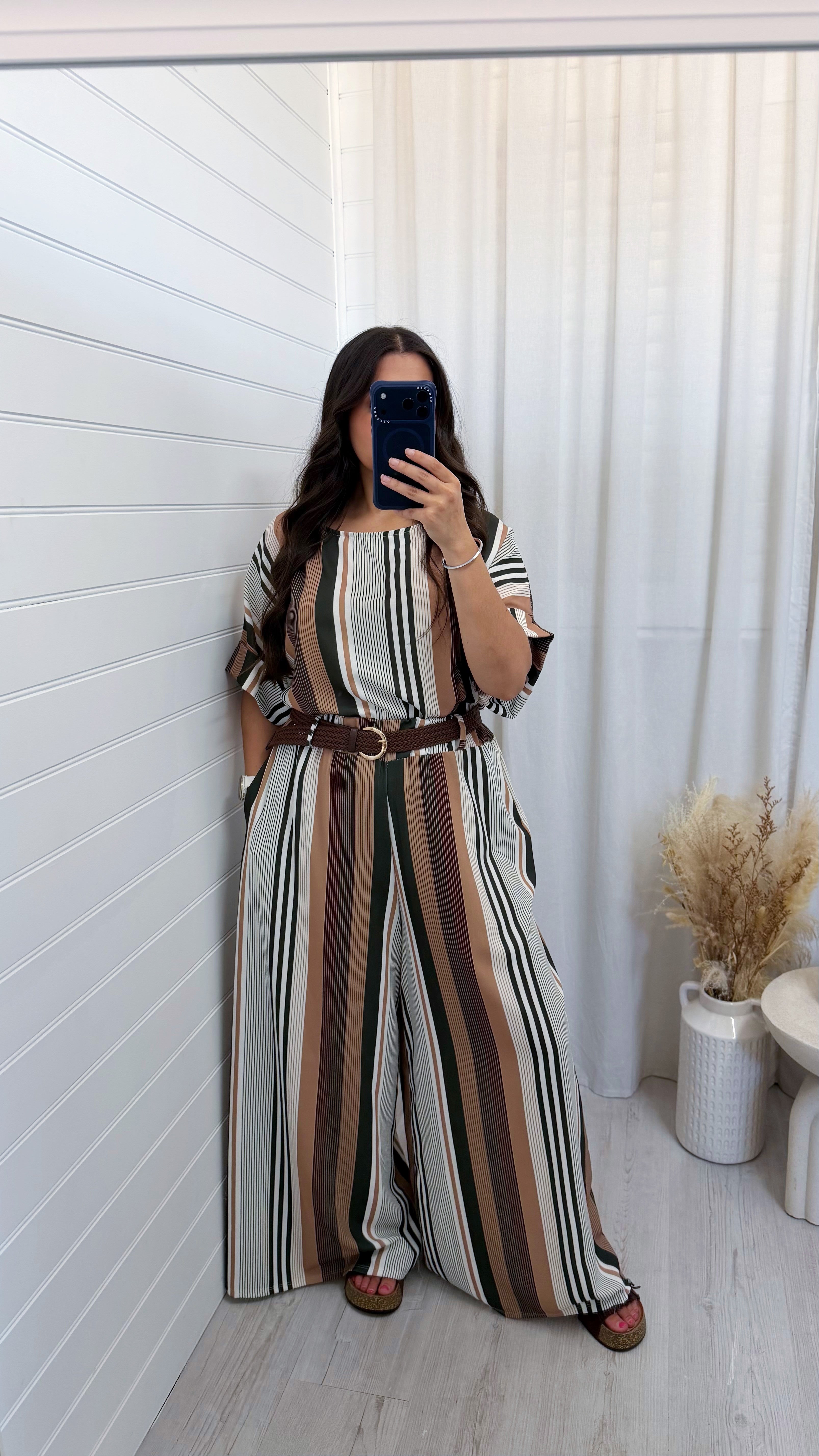 Pinstripe Top and Wide Leg Belted Trousers Co-Ord - KHAKI