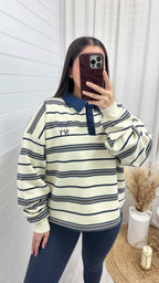 Stripey Fleece Rugby Sweatshirt - CREAM/NAVY