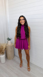 Halter Neck Frill Dress - PURPLE