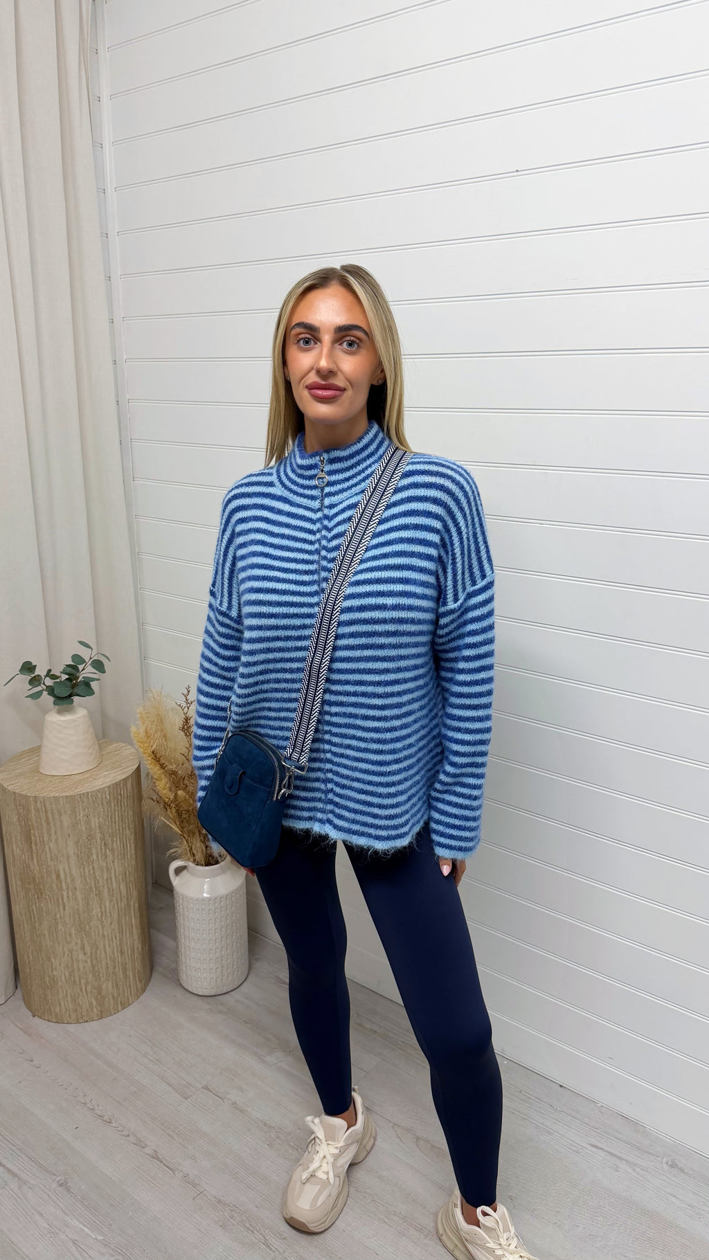 Stripe Zip Woollen Jacket  - BLUE