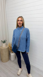 Stripe Zip Woollen Jacket  - BLUE
