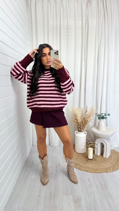 Soft Woollen Stripey Jumper - PINK/BURGUNDY