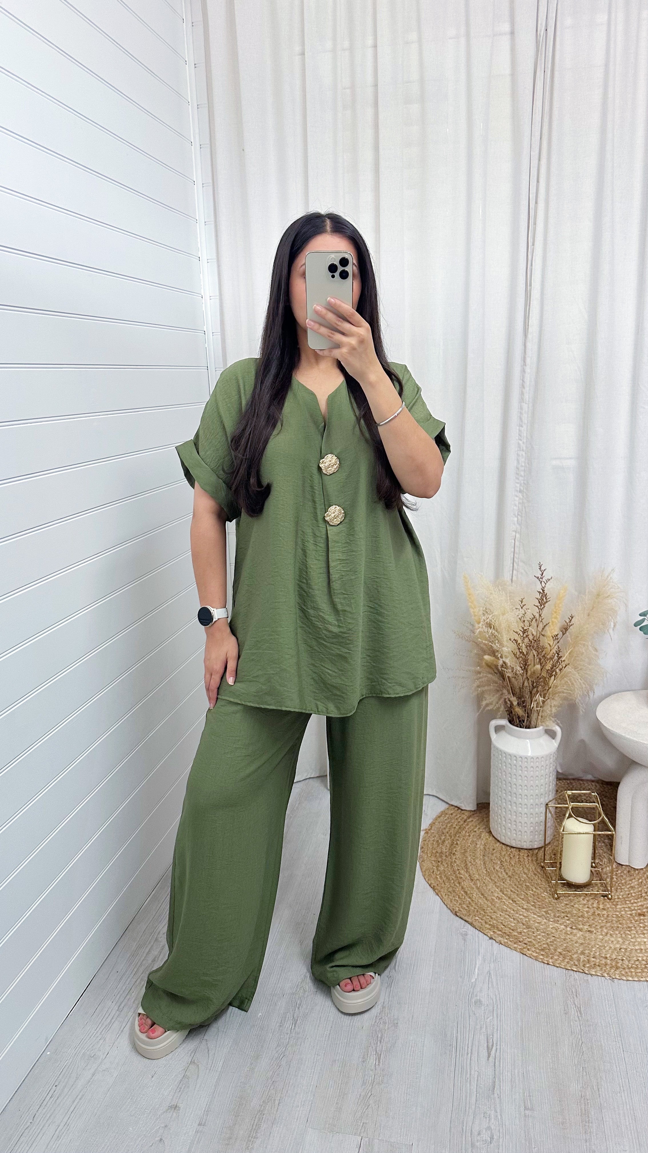 Gold Button V Neck Top and Wide Leg Trousers Co-Ord - LIGHT KHAKI
