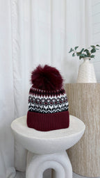 Knitted Bobble Hat - WINE