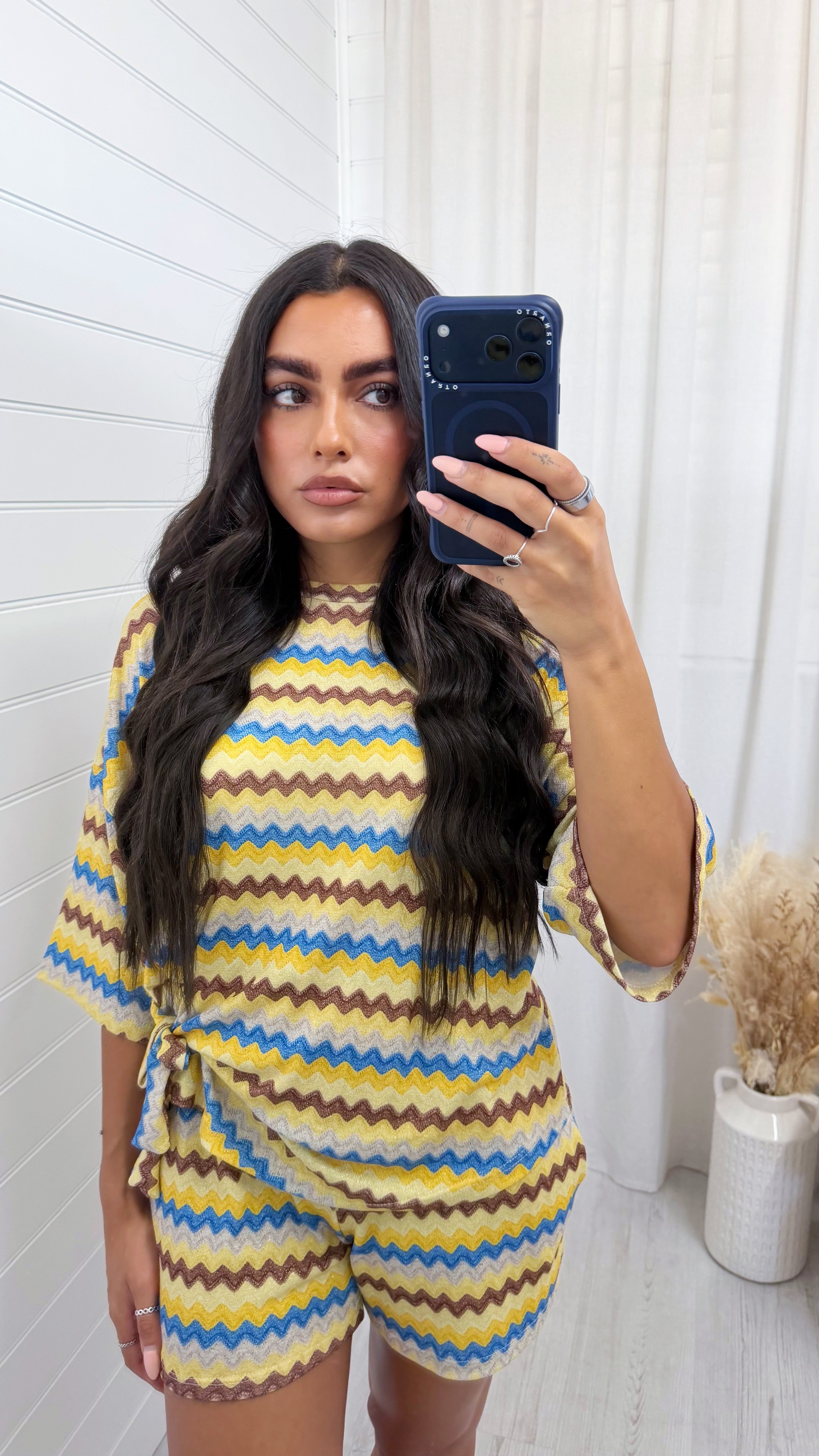 Zig Zag Tie Front T-Shirt and Shorts Co-Ord - YELLOW/BLUE