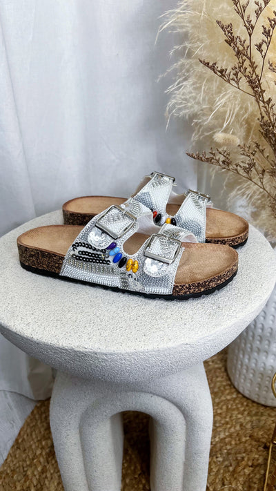 Boho Beaded Silver Buckle Sliders - WHITE