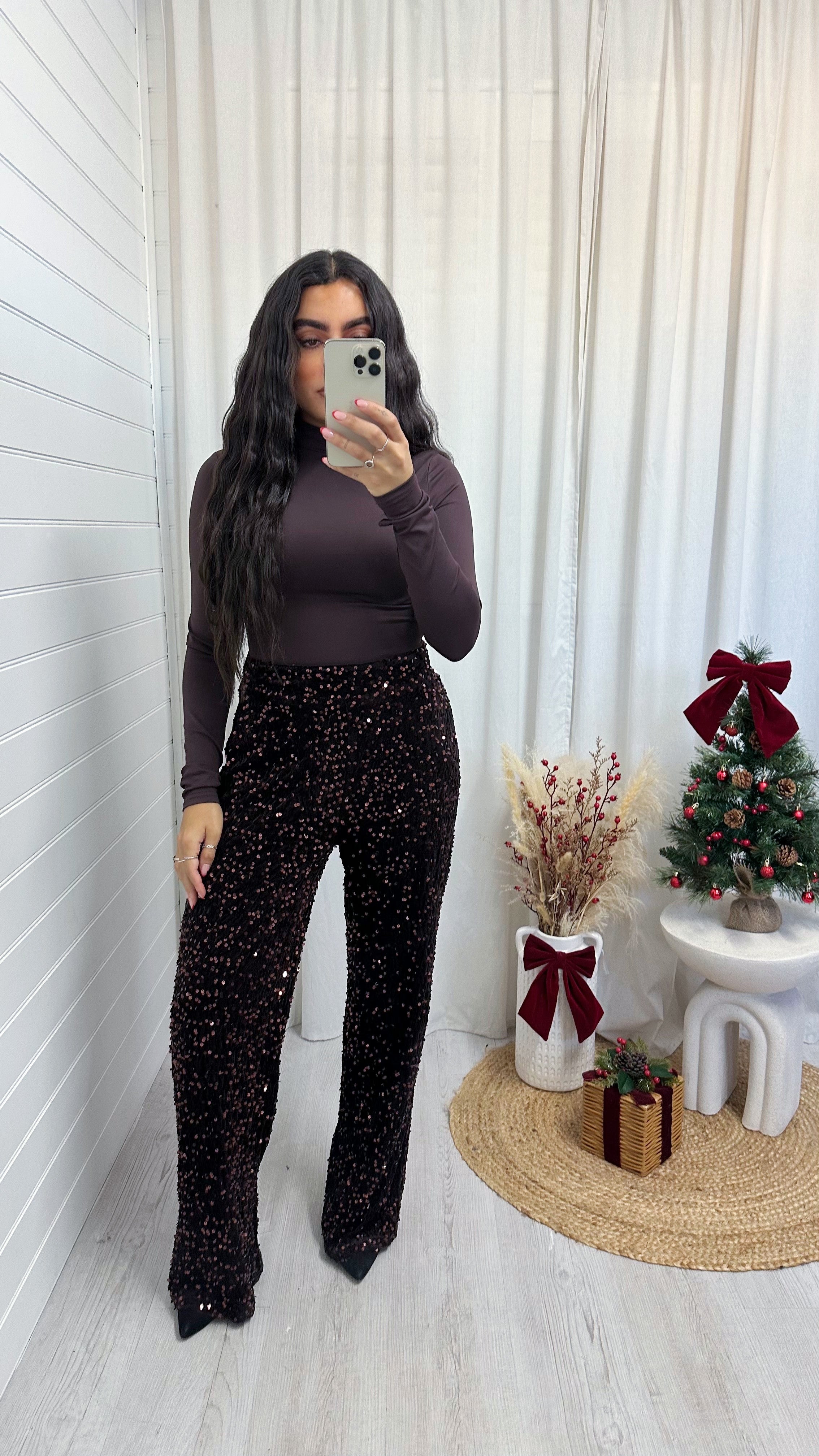 Sequin Velvet Wide Leg Trousers - BROWN