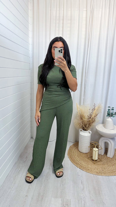 Cheesecloth Asymmetric Top and Trousers Co-Ord - KHAKI