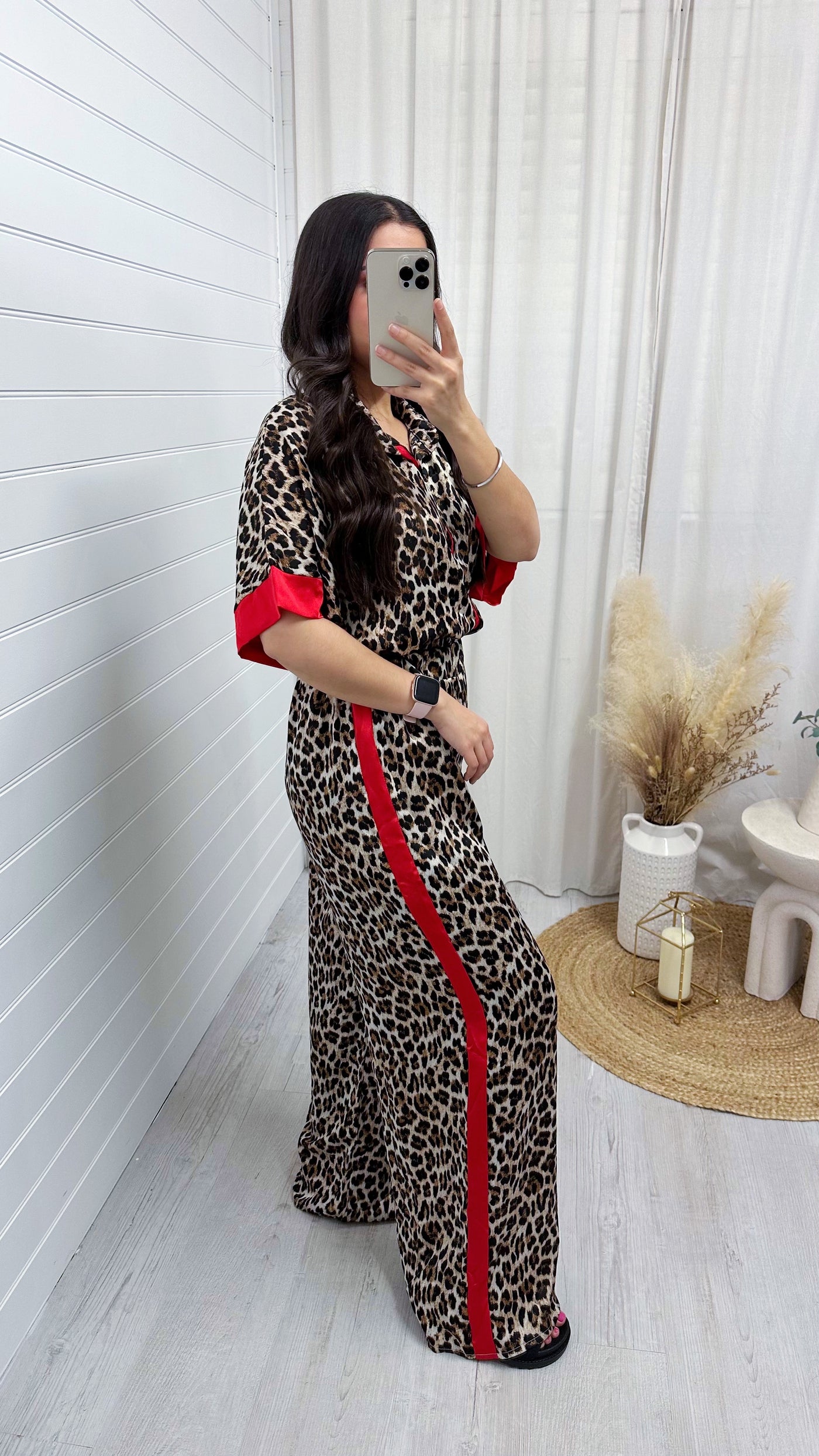 Satin Side Stripe Leopard Print Shirt and Trousers Co-Ord - RED