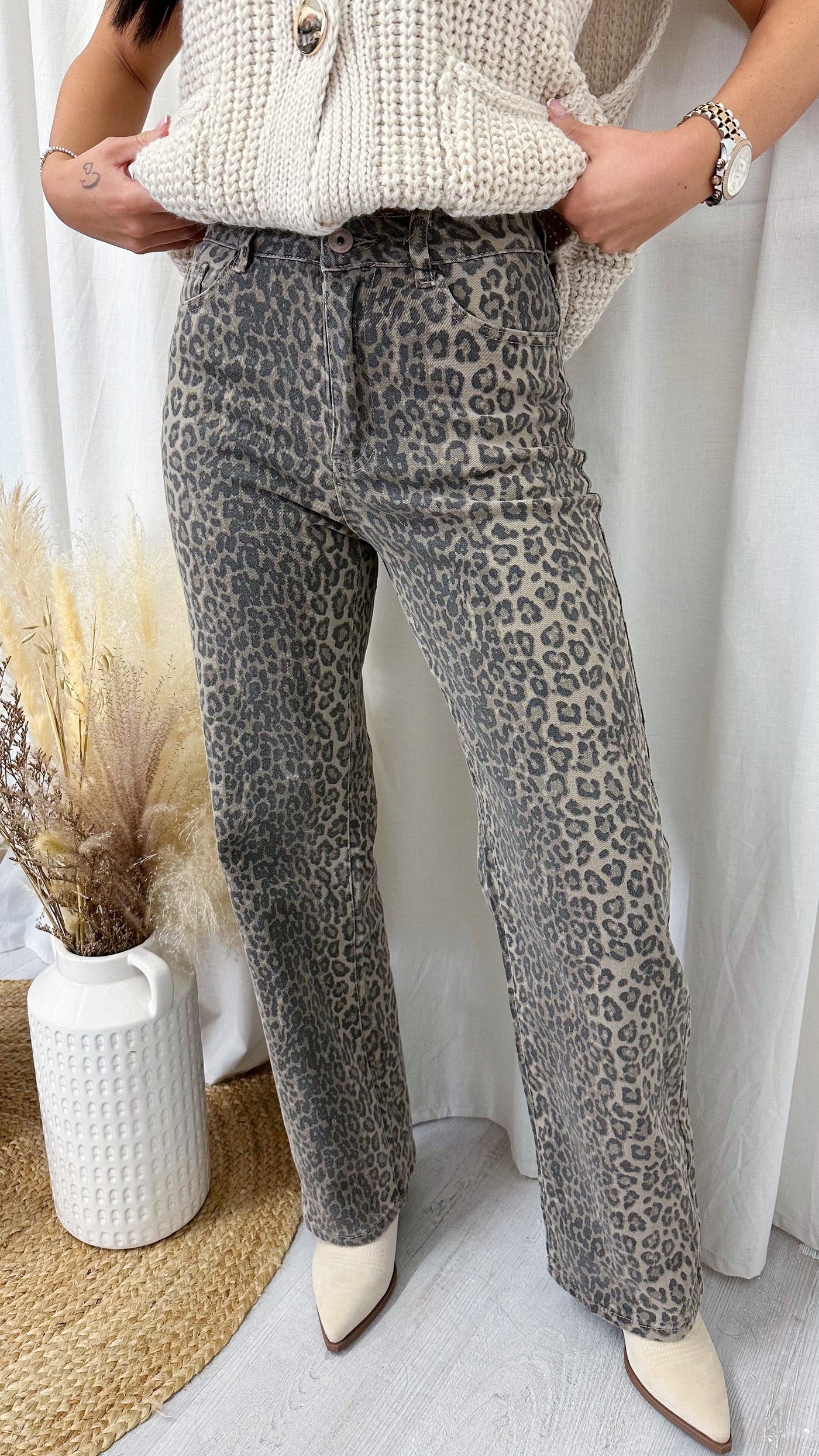 Faded Small Print Leopard Straight Leg Jeans