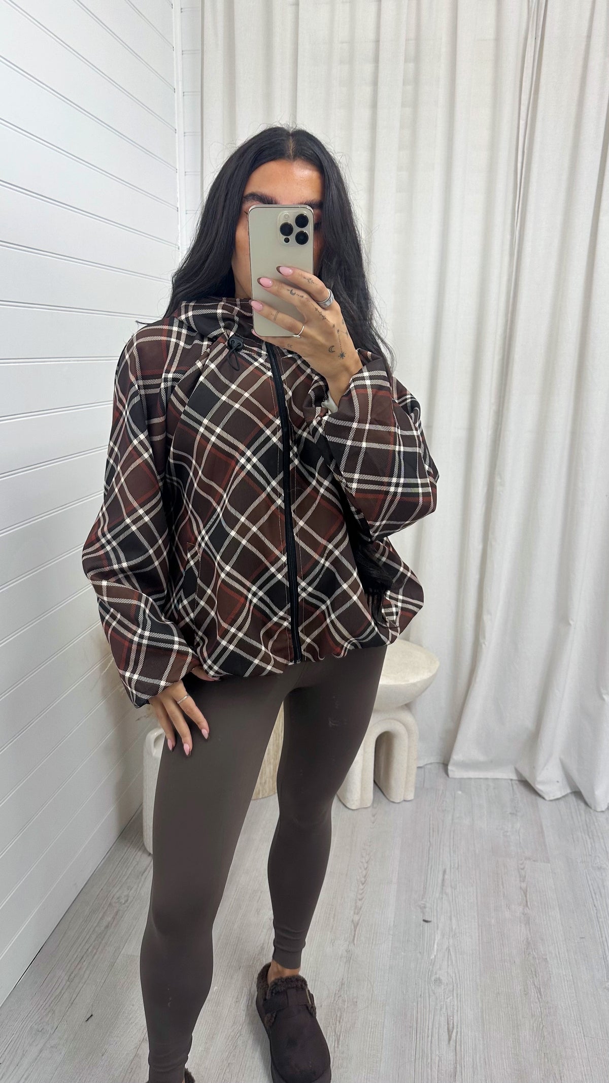 Large Check Print Bomber Jacket - BROWN
